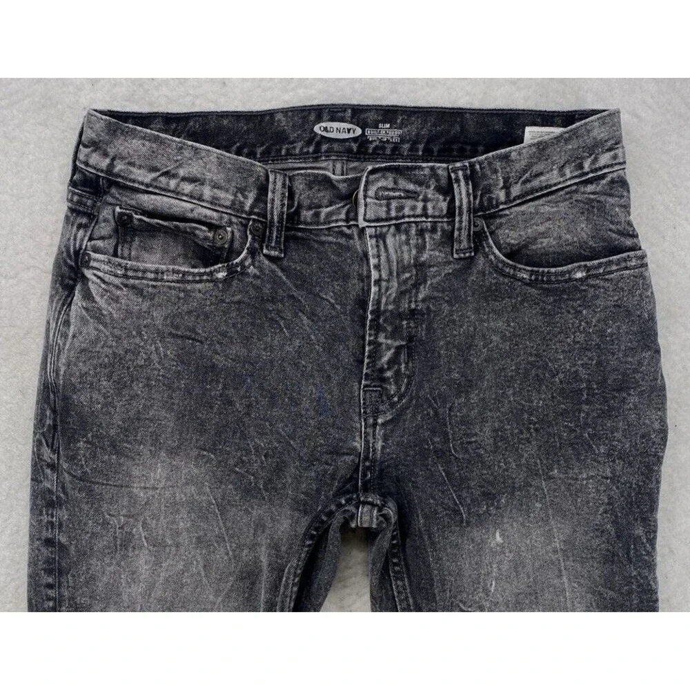 Old Navy Men Slim Built-In Tough Flex Jeans 29x30 Gray Acid Wash Denim Black